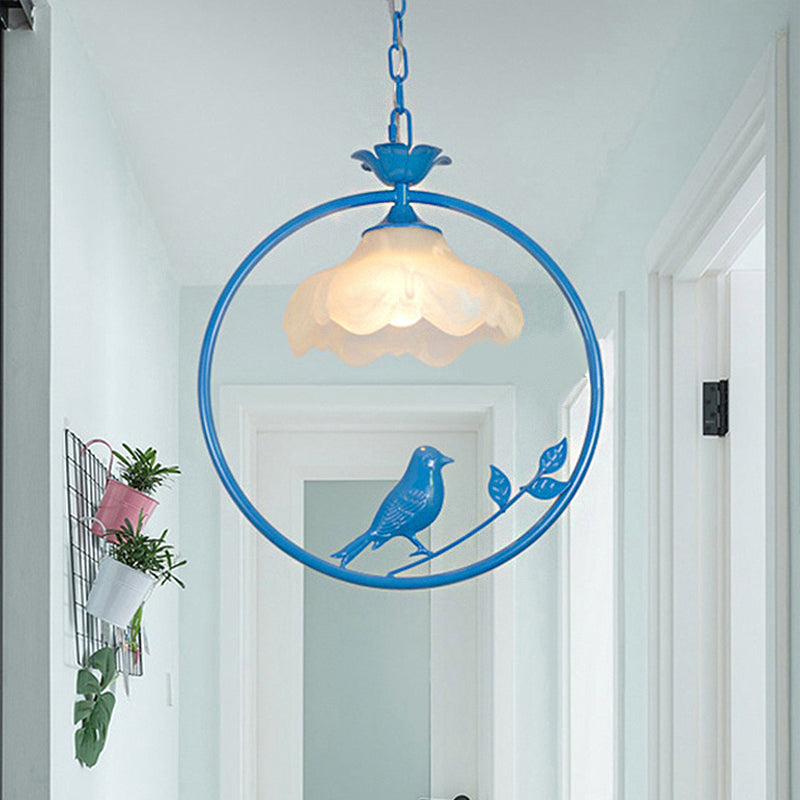 Classic Round Pendant Lighting 1 Light Metal Hanging Light Fixture in Black/White/Pink with Scalloped Shade Blue Clearhalo 'Ceiling Lights' 'Pendant Lights' 'Pendants' Lighting' 247197_271f4f36-b2c6-496f-9b90-196b0873d7db