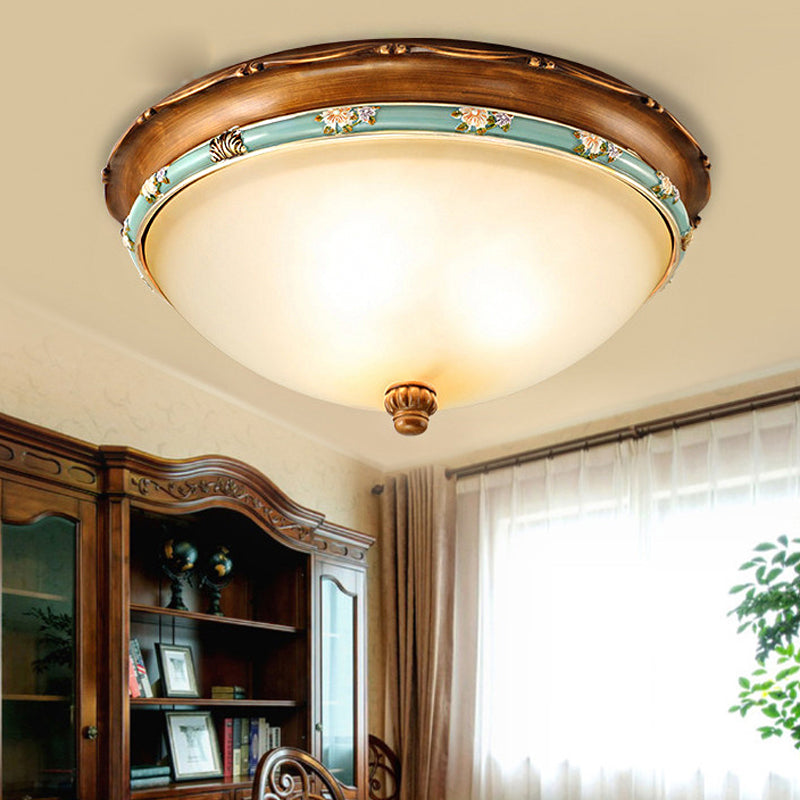 3 Lights Frosted Glass Flush Light Fixture Traditional Brown Bowl Shaped Bedroom Ceiling Lighting, 12.5"/16"/18.5" Wide Brown Clearhalo 'Ceiling Lights' 'Close To Ceiling Lights' 'Close to ceiling' 'Flush mount' Lighting' 247229