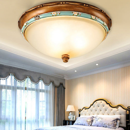 3 Lights Frosted Glass Flush Light Fixture Traditional Brown Bowl Shaped Bedroom Ceiling Lighting, 12.5"/16"/18.5" Wide Clearhalo 'Ceiling Lights' 'Close To Ceiling Lights' 'Close to ceiling' 'Flush mount' Lighting' 247230