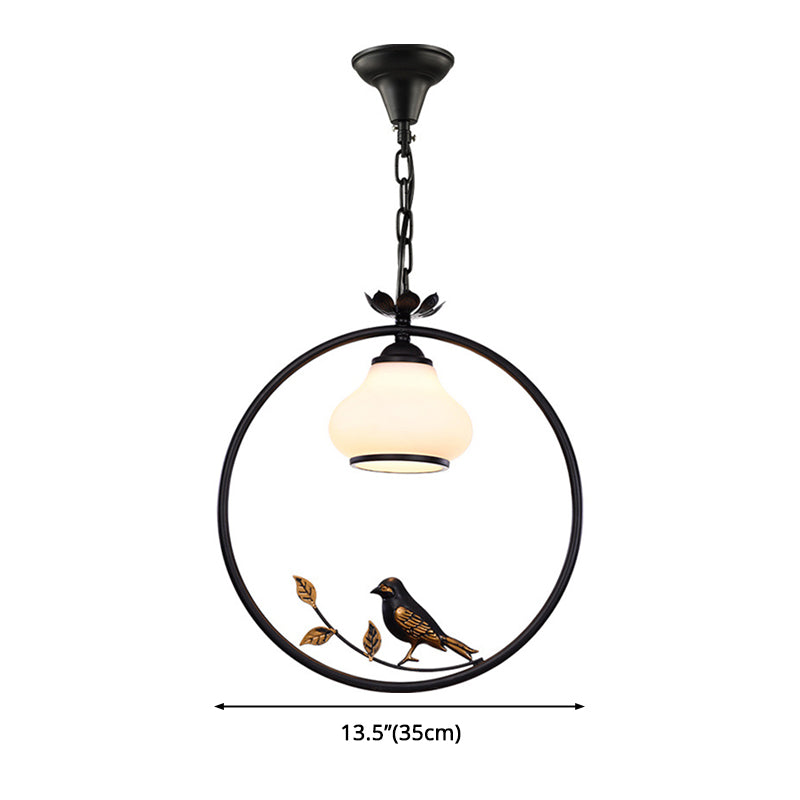 1 Light Bottle Shape Pendant Lighting Traditional Black Metal Hanging Light Fixture with Bird, 12"/16" Wide Clearhalo 'Ceiling Lights' 'Pendant Lights' 'Pendants' Lighting' 2472320