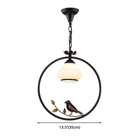 1 Light Bottle Shape Pendant Lighting Traditional Black Metal Hanging Light Fixture with Bird, 12"/16" Wide Clearhalo 'Ceiling Lights' 'Pendant Lights' 'Pendants' Lighting' 2472320