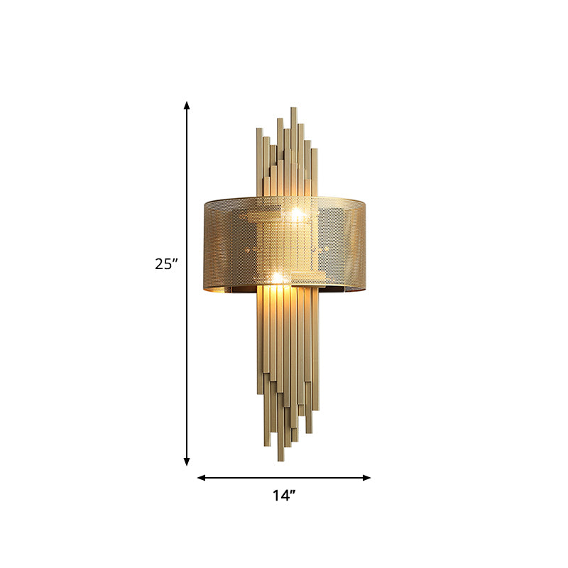 Linear Metal Sconce Lamp Post Modern 2-Head Gold Finish Wall Lamp Fixture with Drum Mesh Shade Clearhalo 'Cast Iron' 'Glass' 'Industrial' 'Modern wall lights' 'Modern' 'Tiffany' 'Traditional wall lights' 'Wall Lamps & Sconces' 'Wall Lights' Lighting' 2472352