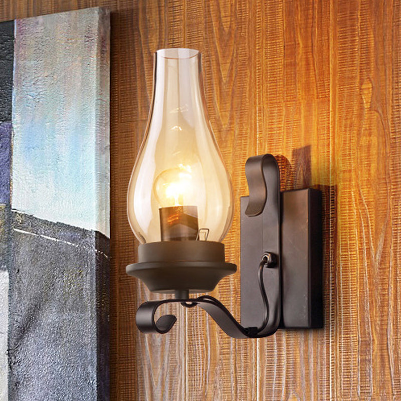 Single Light Amber Glass Wall Lamp Vintage Style Matte Black Kerosene Living Room Wall Sconce with Curved Arm Black Clearhalo 'Wall Lamps & Sconces' 'Wall Lights' Lighting' 247239