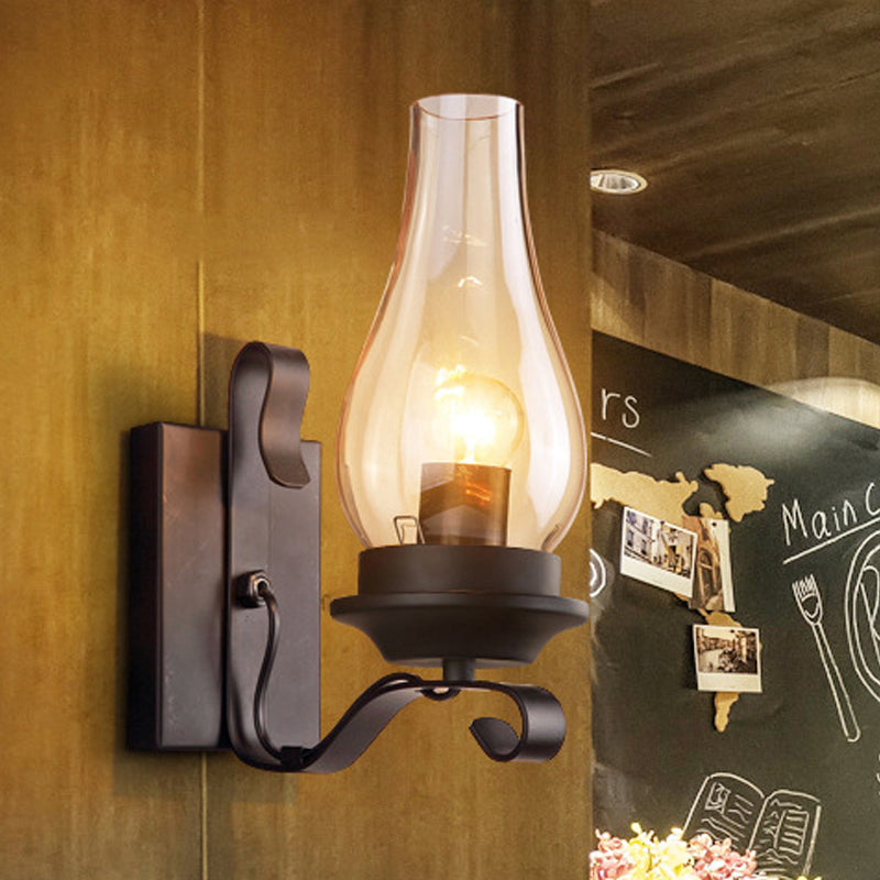 Single Light Amber Glass Wall Lamp Vintage Style Matte Black Kerosene Living Room Wall Sconce with Curved Arm Clearhalo 'Wall Lamps & Sconces' 'Wall Lights' Lighting' 247240