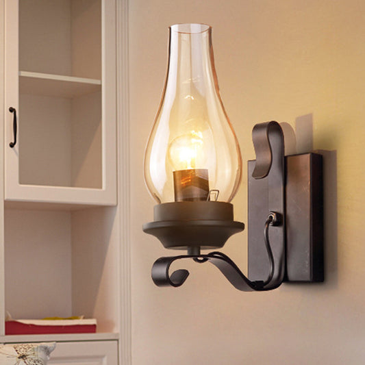 Single Light Amber Glass Wall Lamp Vintage Style Matte Black Kerosene Living Room Wall Sconce with Curved Arm Clearhalo 'Wall Lamps & Sconces' 'Wall Lights' Lighting' 247241