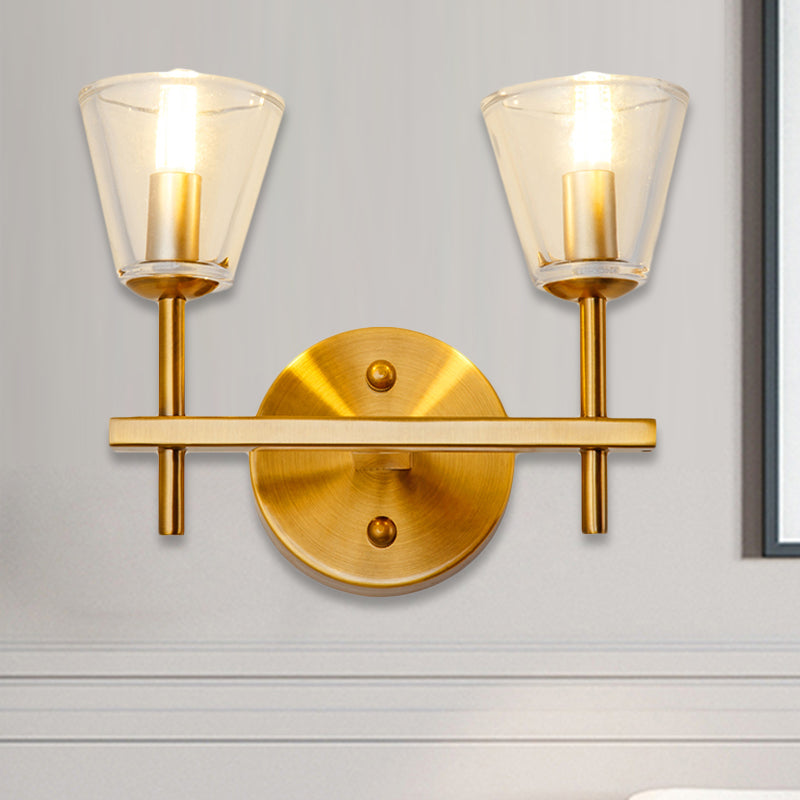 1/2-Light Clear Glass Wall Light Modern Style Gold Cone Bedroom Wall Sconce with Clean-Lined Arm 2.0 Gold Clearhalo 'Wall Lamps & Sconces' 'Wall Lights' Lighting' 247243