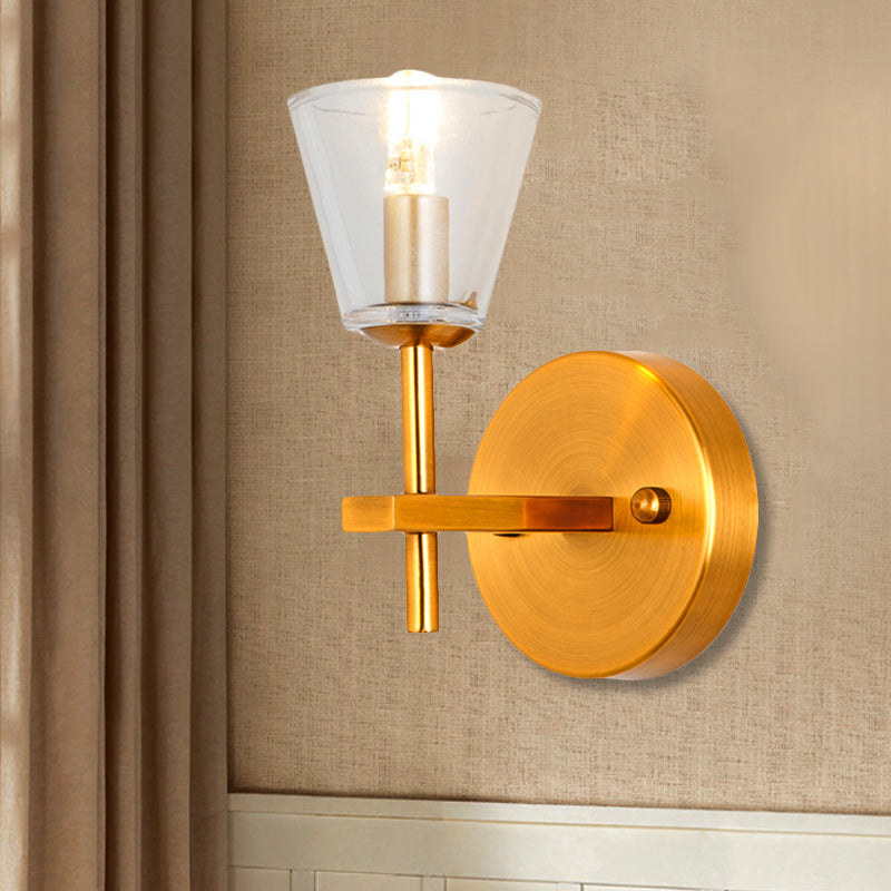 1/2-Light Clear Glass Wall Light Modern Style Gold Cone Bedroom Wall Sconce with Clean-Lined Arm 1.0 Gold Clearhalo 'Wall Lamps & Sconces' 'Wall Lights' Lighting' 247245