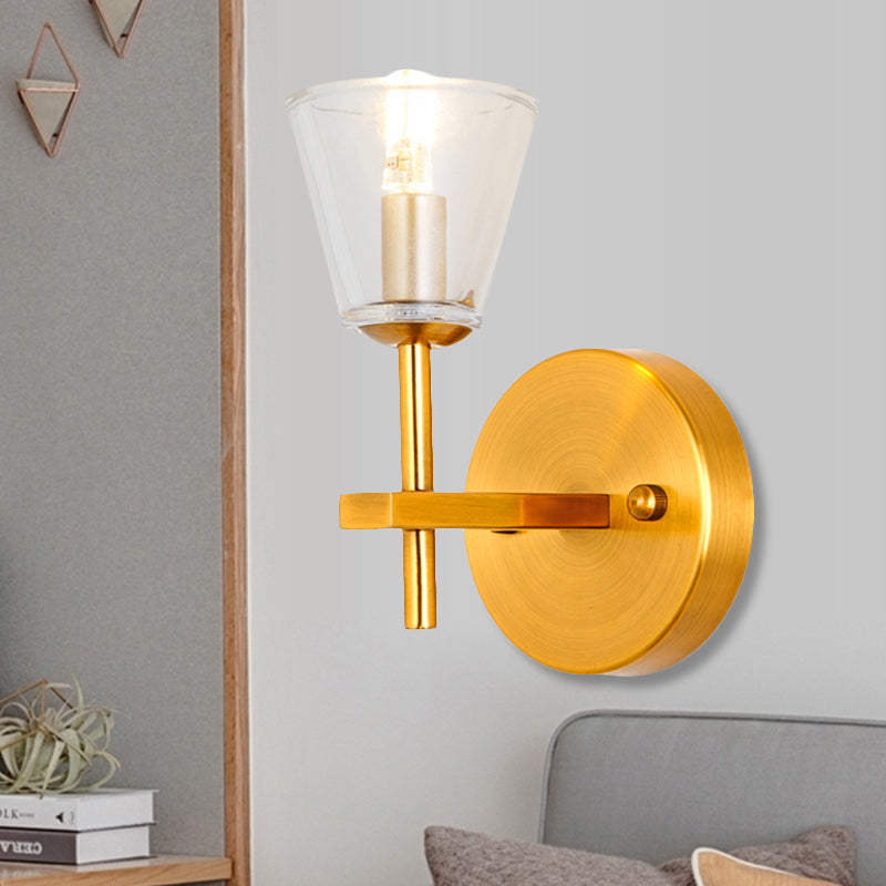 1/2-Light Clear Glass Wall Light Modern Style Gold Cone Bedroom Wall Sconce with Clean-Lined Arm Clearhalo 'Wall Lamps & Sconces' 'Wall Lights' Lighting' 247246