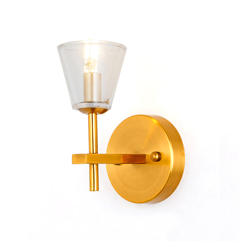 1/2-Light Clear Glass Wall Light Modern Style Gold Cone Bedroom Wall Sconce with Clean-Lined Arm Clearhalo 'Wall Lamps & Sconces' 'Wall Lights' Lighting' 247247