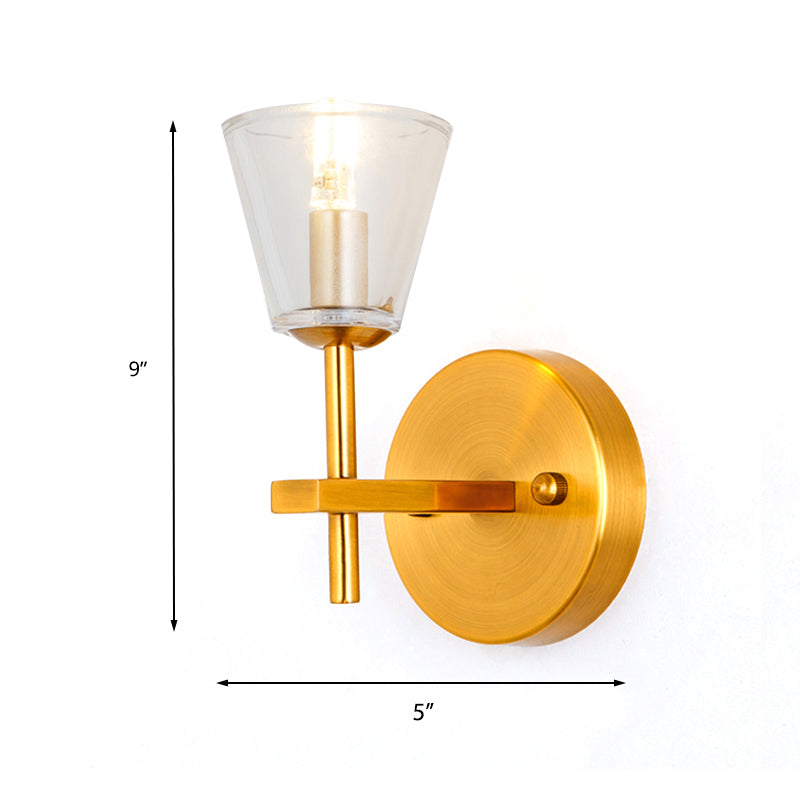 1/2-Light Clear Glass Wall Light Modern Style Gold Cone Bedroom Wall Sconce with Clean-Lined Arm Clearhalo 'Wall Lamps & Sconces' 'Wall Lights' Lighting' 247248