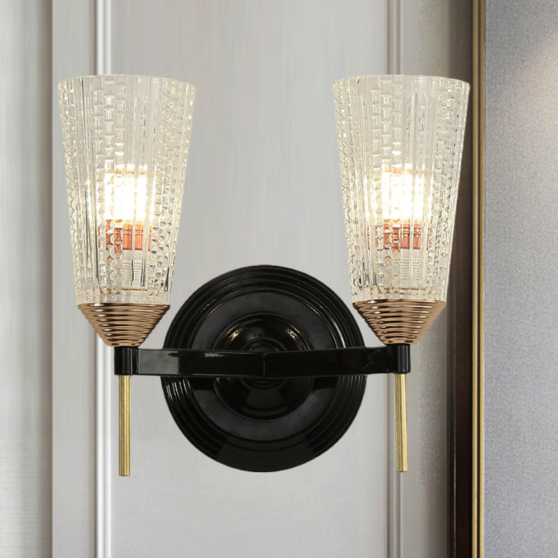 1/2-Light Wall Mounted Light Traditional Conical Clear Textured Glass Wall Sconce in Black for Foyer 2.0 Black Clearhalo 'Wall Lamps & Sconces' 'Wall Lights' Lighting' 247254