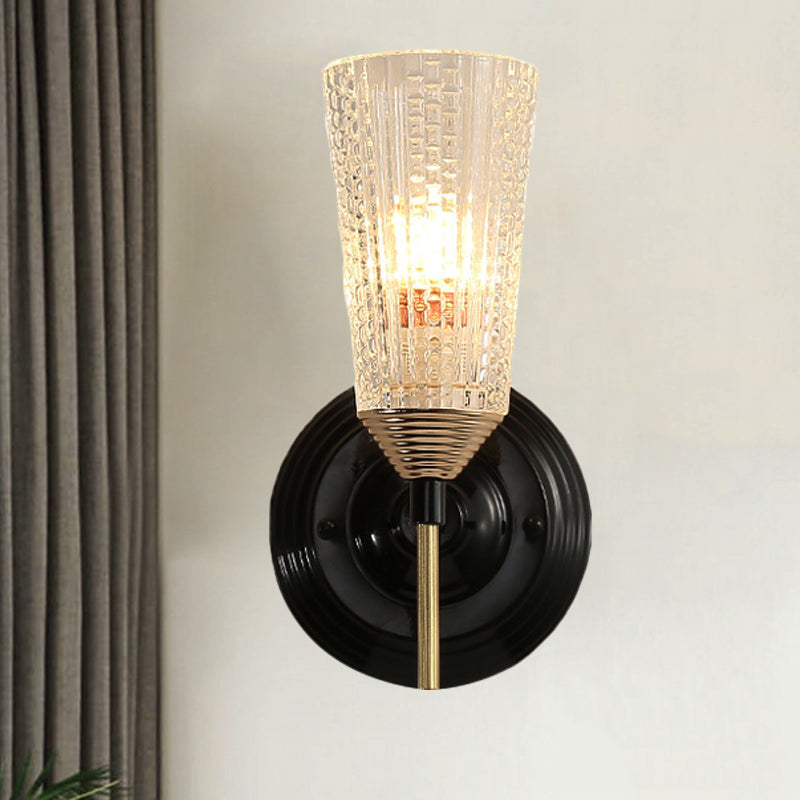 1/2-Light Wall Mounted Light Traditional Conical Clear Textured Glass Wall Sconce in Black for Foyer 1.0 Black Clearhalo 'Wall Lamps & Sconces' 'Wall Lights' Lighting' 247255