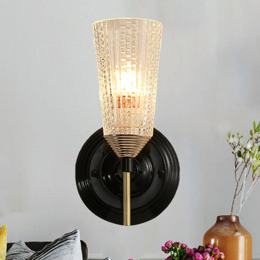 1/2-Light Wall Mounted Light Traditional Conical Clear Textured Glass Wall Sconce in Black for Foyer Clearhalo 'Wall Lamps & Sconces' 'Wall Lights' Lighting' 247256