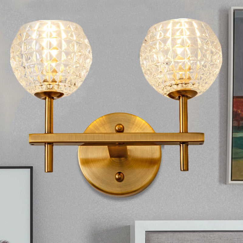 1/2-Light Wall Sconce Modern Orb Clear Grid Glass Sconce Light with Clean-Lined Arm in Gold for Hallway 2.0 Gold Clearhalo 'Wall Lamps & Sconces' 'Wall Lights' Lighting' 247259