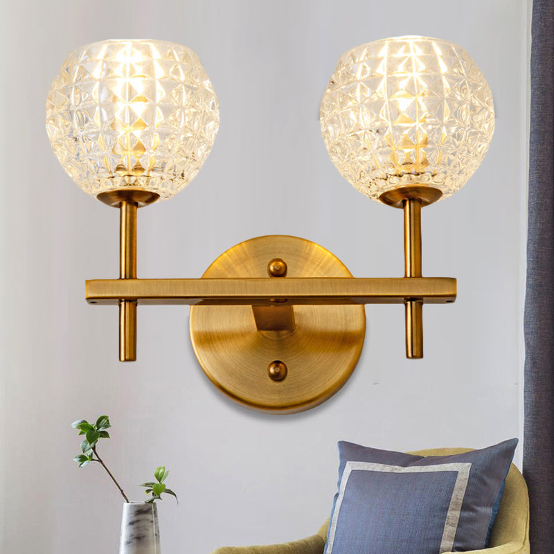 1/2-Light Wall Sconce Modern Orb Clear Grid Glass Sconce Light with Clean-Lined Arm in Gold for Hallway Clearhalo 'Wall Lamps & Sconces' 'Wall Lights' Lighting' 247260