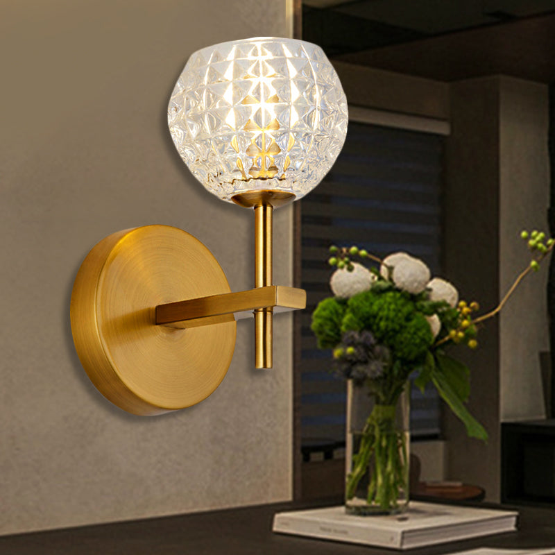 1/2-Light Wall Sconce Modern Orb Clear Grid Glass Sconce Light with Clean-Lined Arm in Gold for Hallway 1.0 Gold Clearhalo 'Wall Lamps & Sconces' 'Wall Lights' Lighting' 247261