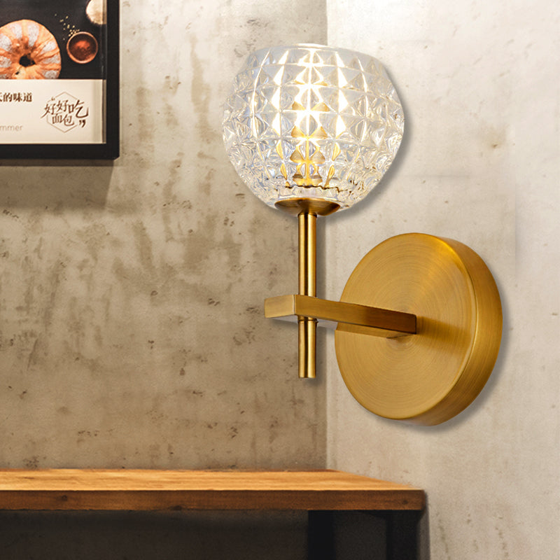 1/2-Light Wall Sconce Modern Orb Clear Grid Glass Sconce Light with Clean-Lined Arm in Gold for Hallway Clearhalo 'Wall Lamps & Sconces' 'Wall Lights' Lighting' 247262