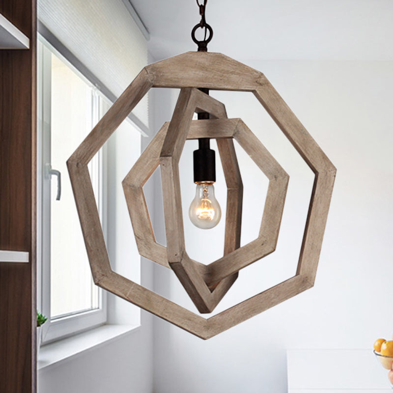 1 Light Pendant Lamp with Heptagon Grey/White/Beige Wood Frame Industrial Hallway Hanging Lamp Kit Clearhalo 'Ceiling Lights' 'Pendant Lights' 'Pendants' Lighting' 247267