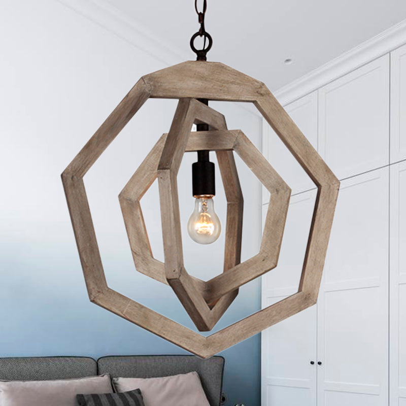 1 Light Pendant Lamp with Heptagon Grey/White/Beige Wood Frame Industrial Hallway Hanging Lamp Kit Clearhalo 'Ceiling Lights' 'Pendant Lights' 'Pendants' Lighting' 247268