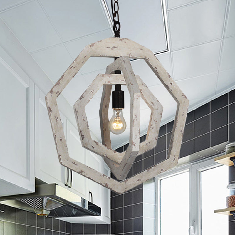 1 Light Pendant Lamp with Heptagon Grey/White/Beige Wood Frame Industrial Hallway Hanging Lamp Kit White Clearhalo 'Ceiling Lights' 'Pendant Lights' 'Pendants' Lighting' 247269_cf39c8f5-87f5-4a0f-a0ad-da1e5311fb1a