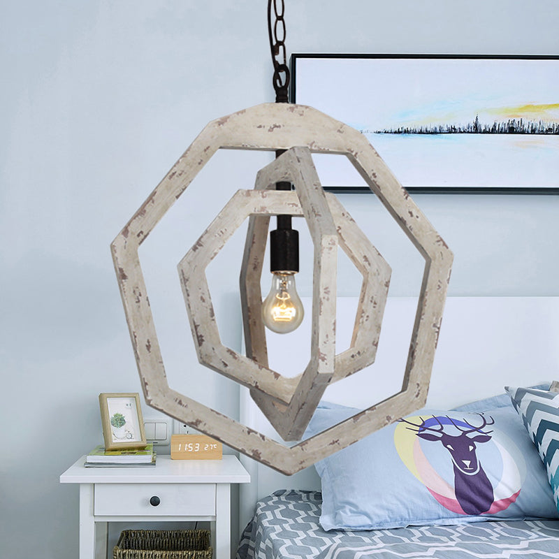 1 Light Pendant Lamp with Heptagon Grey/White/Beige Wood Frame Industrial Hallway Hanging Lamp Kit Clearhalo 'Ceiling Lights' 'Pendant Lights' 'Pendants' Lighting' 247270