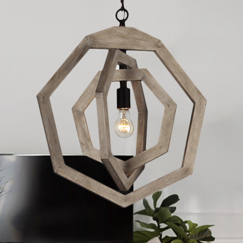 1 Light Pendant Lamp with Heptagon Grey/White/Beige Wood Frame Industrial Hallway Hanging Lamp Kit Clearhalo 'Ceiling Lights' 'Pendant Lights' 'Pendants' Lighting' 247271