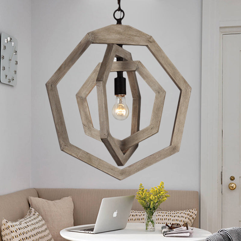 1 Light Pendant Lamp with Heptagon Grey/White/Beige Wood Frame Industrial Hallway Hanging Lamp Kit Clearhalo 'Ceiling Lights' 'Pendant Lights' 'Pendants' Lighting' 247272