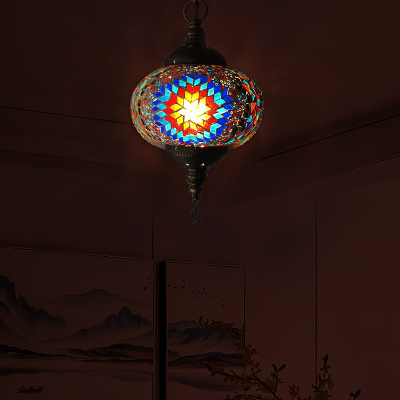 Global Hanging Lamp Traditional 1/2 Heads Red/Blue/Red-Blue Glass Ceiling Pendant Light for Living Room Red 1 Clearhalo 'Ceiling Lights' 'Glass shade' 'Glass' 'Pendant Lights' 'Pendants' Lighting' 247279