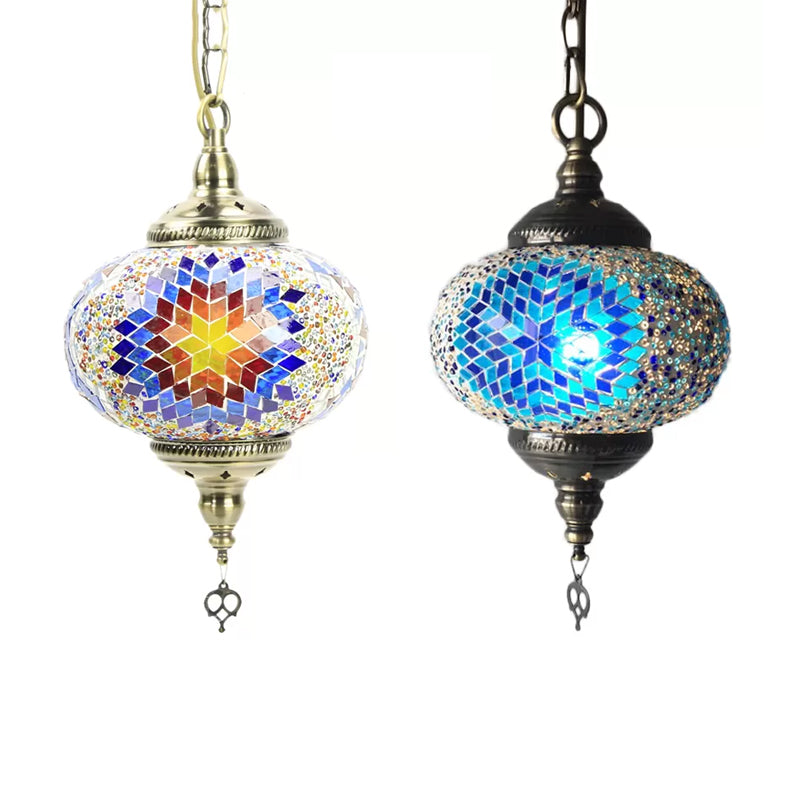 Global Hanging Lamp Traditional 1/2 Heads Red/Blue/Red-Blue Glass Ceiling Pendant Light for Living Room Clearhalo 'Ceiling Lights' 'Glass shade' 'Glass' 'Pendant Lights' 'Pendants' Lighting' 247282
