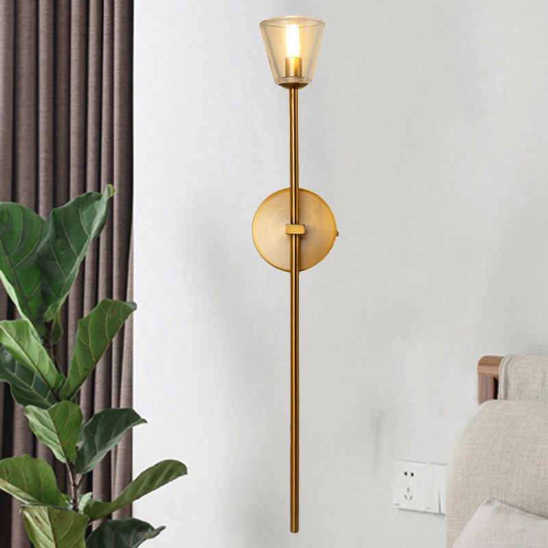 1-Light Wall Lamp Simple Globe/Cone Clear Grid Glass Sconce Light with Clean-Lined Arm in Gold for Hallway Gold Cone Clearhalo 'Wall Lamps & Sconces' 'Wall Lights' Lighting' 247283