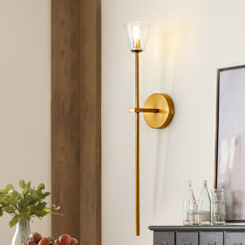 1-Light Wall Lamp Simple Globe/Cone Clear Grid Glass Sconce Light with Clean-Lined Arm in Gold for Hallway Clearhalo 'Wall Lamps & Sconces' 'Wall Lights' Lighting' 247284