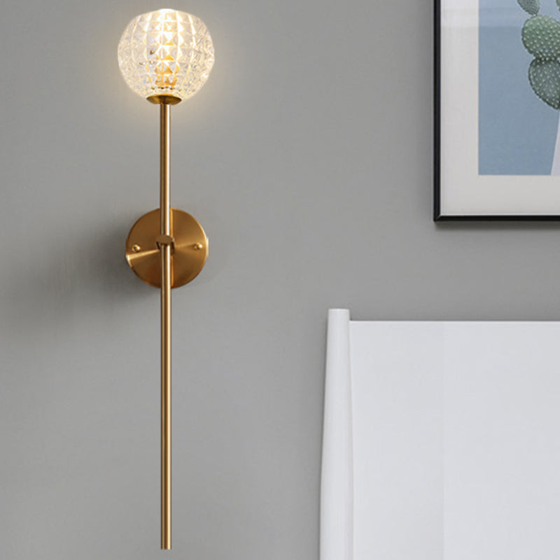 1-Light Wall Lamp Simple Globe/Cone Clear Grid Glass Sconce Light with Clean-Lined Arm in Gold for Hallway Gold Globe Clearhalo 'Wall Lamps & Sconces' 'Wall Lights' Lighting' 247285