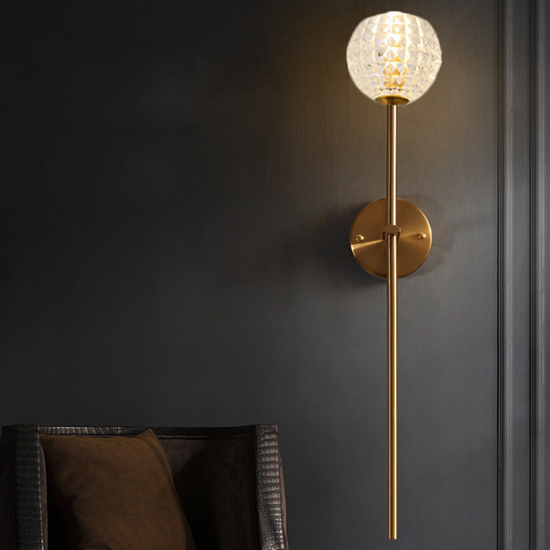 1-Light Wall Lamp Simple Globe/Cone Clear Grid Glass Sconce Light with Clean-Lined Arm in Gold for Hallway Clearhalo 'Wall Lamps & Sconces' 'Wall Lights' Lighting' 247286