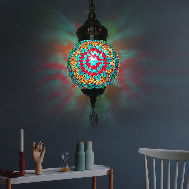 1/4 Bulbs Sphere Ceiling Light Tradition Red/Blue/Gold Glass Suspended Lighting Fixture for Restaurant Blue 1 Clearhalo 'Ceiling Lights' 'Glass shade' 'Glass' 'Pendant Lights' 'Pendants' Lighting' 247300