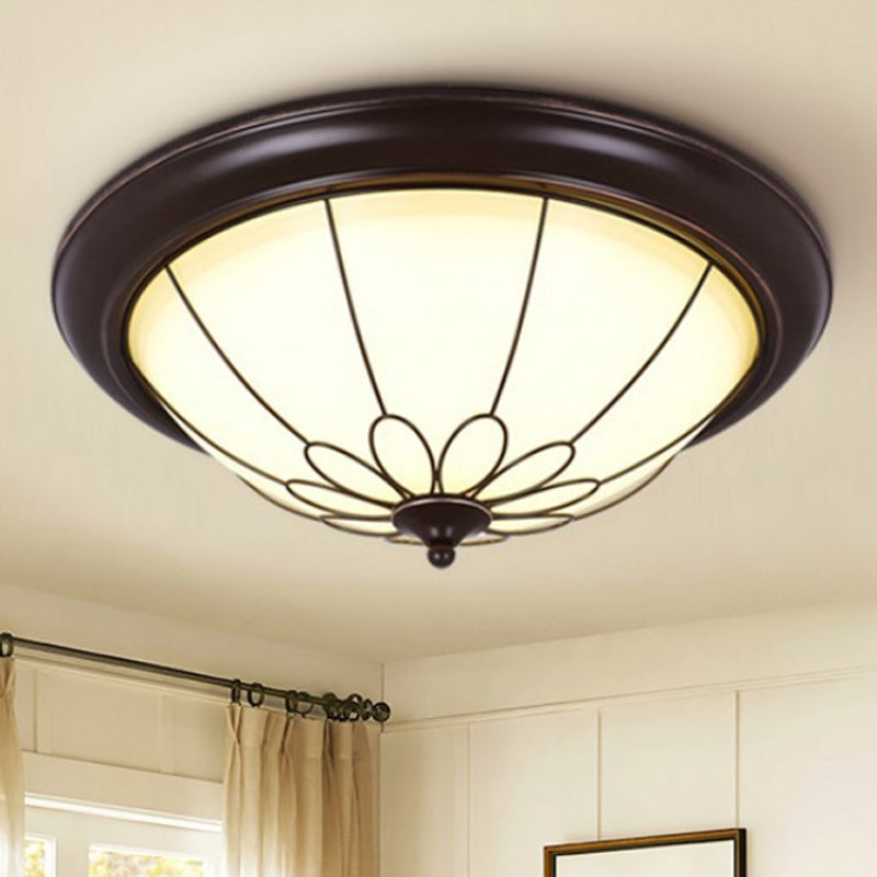 LED Corridor Ceiling Mounted Fixture Classic Brown Flush Light with Bowl Frosted Glass Shade in Warm/White Light, 12.5"/15"/19.5" Wide Brown Clearhalo 'Ceiling Lights' 'Close To Ceiling Lights' 'Close to ceiling' 'Flush mount' Lighting' 247306