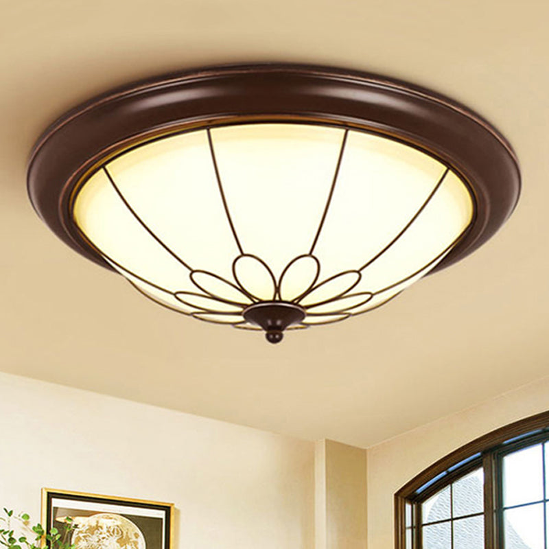 LED Corridor Ceiling Mounted Fixture Classic Brown Flush Light with Bowl Frosted Glass Shade in Warm/White Light, 12.5"/15"/19.5" Wide Clearhalo 'Ceiling Lights' 'Close To Ceiling Lights' 'Close to ceiling' 'Flush mount' Lighting' 247307