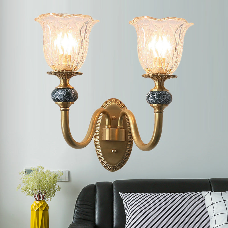 Floral Bedroom Sconce Light Fixture Antique Clear Glass 1/2 Lights Gold Wall Lamp with Arched Arm 2.0 Gold Clearhalo 'Wall Lamps & Sconces' 'Wall Lights' Lighting' 247308