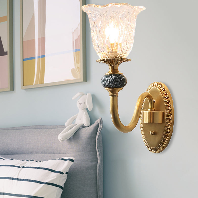 Floral Bedroom Sconce Light Fixture Antique Clear Glass 1/2 Lights Gold Wall Lamp with Arched Arm Clearhalo 'Wall Lamps & Sconces' 'Wall Lights' Lighting' 247311