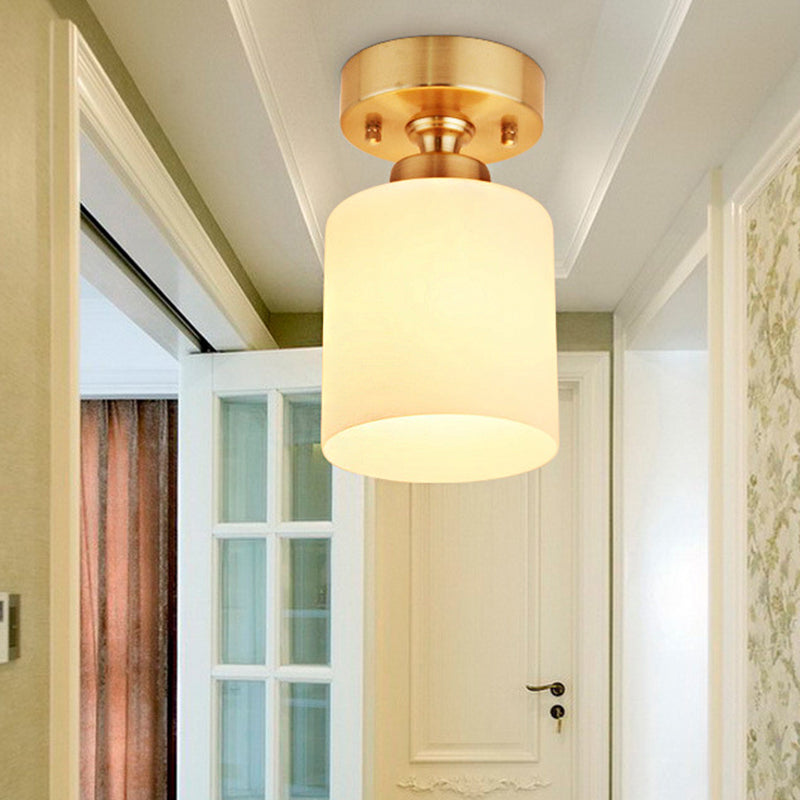 Gold Cylinder Ceiling Light Traditional White Glass 1 Light Corridor Pendant Lighting Fixture Clearhalo 'Ceiling Lights' 'Glass shade' 'Glass' 'Pendant Lights' 'Pendants' Lighting' 247371