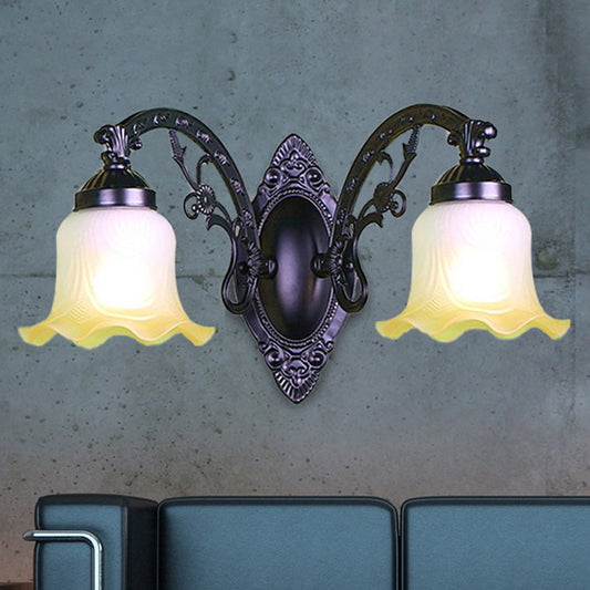 Floral Bedroom Wall Lighting Retro Frosted Glass 1/2 Lights Black Wall Sconce Light with Metal Curvy Arm Clearhalo 'Wall Lamps & Sconces' 'Wall Lights' Lighting' 247375