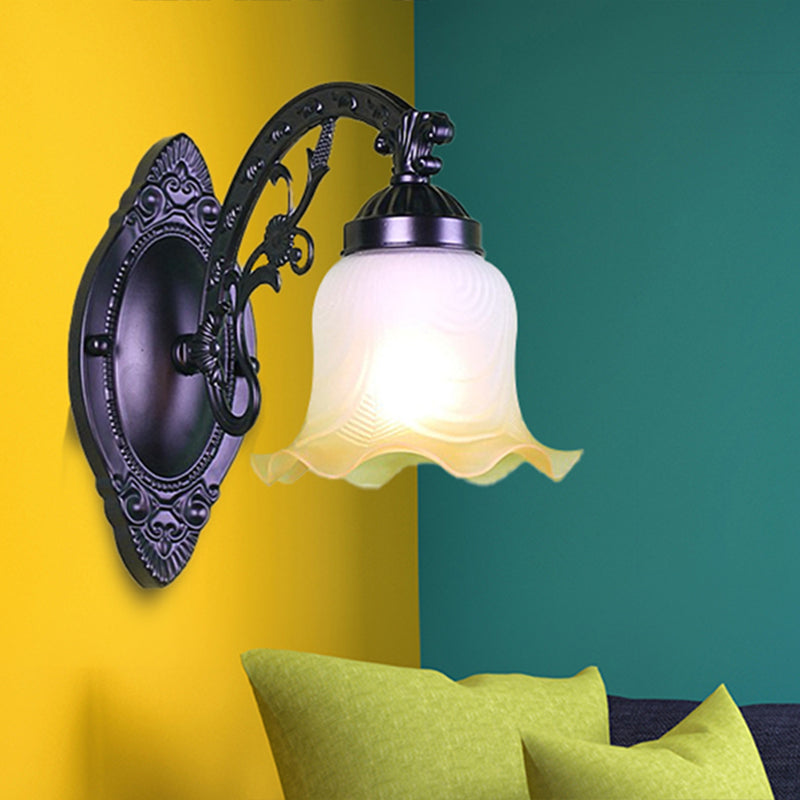 Floral Bedroom Wall Lighting Retro Frosted Glass 1/2 Lights Black Wall Sconce Light with Metal Curvy Arm 1.0 Black Clearhalo 'Wall Lamps & Sconces' 'Wall Lights' Lighting' 247376