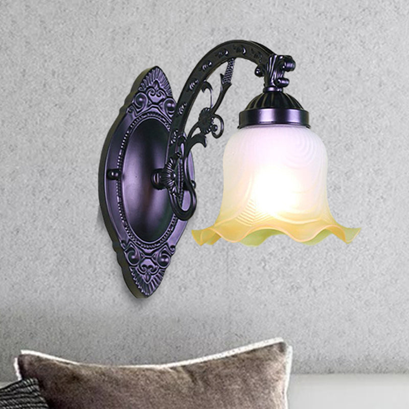 Floral Bedroom Wall Lighting Retro Frosted Glass 1/2 Lights Black Wall Sconce Light with Metal Curvy Arm Clearhalo 'Wall Lamps & Sconces' 'Wall Lights' Lighting' 247377