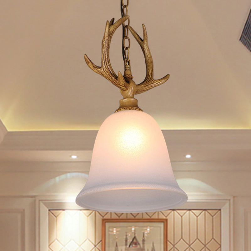 1 Light Bell Ceiling Pendant Light Rustic White Glass Hanging Lamp with Elk Design Clearhalo 'Ceiling Lights' 'Chandeliers' 'Glass shade' 'Glass' 'Pendant Lights' 'Pendants' Lighting' 247391