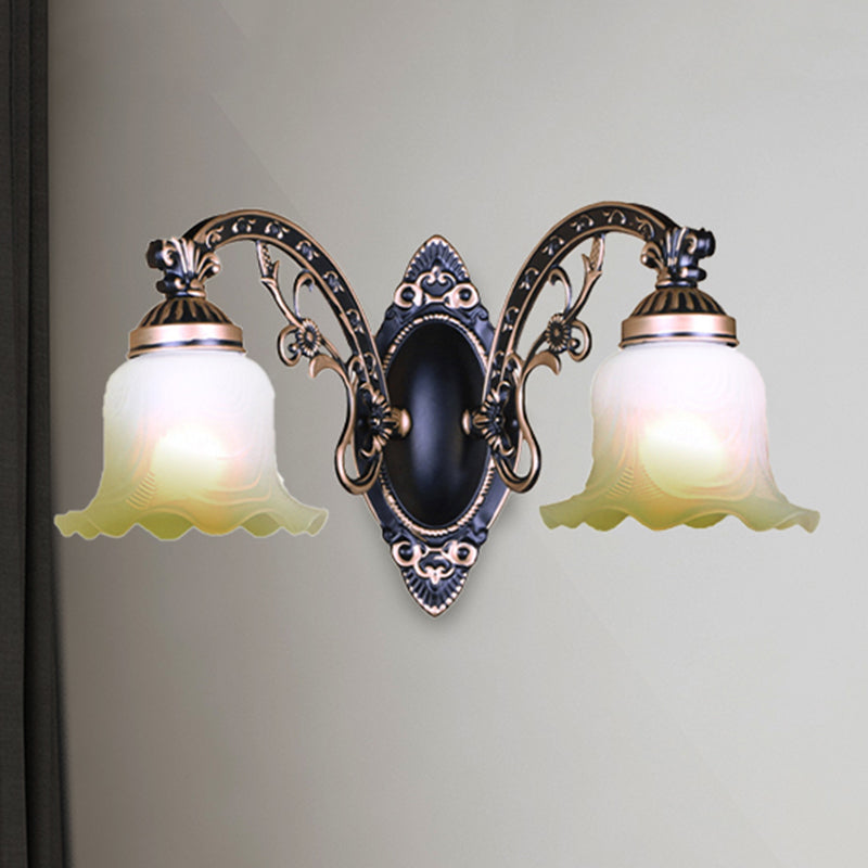 Black/White Scalloped Sconce Light Retro Frosted Glass Shade 1/2-Light Dining Room Wall Lamp with Curved Arm 2.0 Black Clearhalo 'Wall Lamps & Sconces' 'Wall Lights' Lighting' 247397