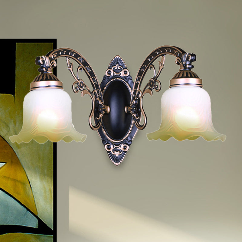 Black/White Scalloped Sconce Light Retro Frosted Glass Shade 1/2-Light Dining Room Wall Lamp with Curved Arm Clearhalo 'Wall Lamps & Sconces' 'Wall Lights' Lighting' 247398