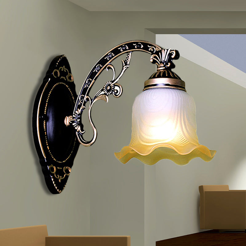 Black/White Scalloped Sconce Light Retro Frosted Glass Shade 1/2-Light Dining Room Wall Lamp with Curved Arm 1.0 Black Clearhalo 'Wall Lamps & Sconces' 'Wall Lights' Lighting' 247401