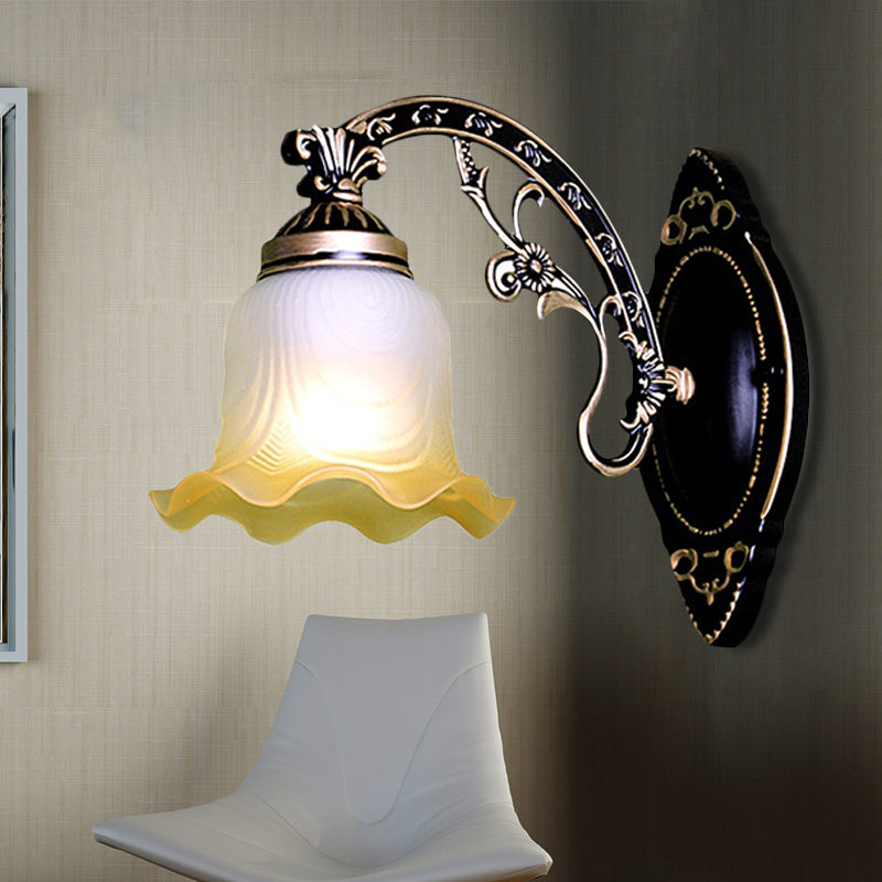 Black/White Scalloped Sconce Light Retro Frosted Glass Shade 1/2-Light Dining Room Wall Lamp with Curved Arm Clearhalo 'Wall Lamps & Sconces' 'Wall Lights' Lighting' 247402