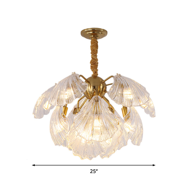 Shell Shape Chandelier Light Modernism Prism Glass 13/15 Lights Brass Ceiling Light, 23.5"/27" Wide Clearhalo 'Ceiling Lights' 'Chandeliers' 'Modern Chandeliers' 'Modern' Lighting' 2474227