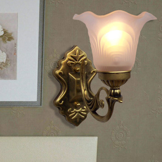 Bronze Floral Wall Mount Light Traditional White Glass Shade 1-Light Living Room Sconce Light with Curvy Arm Clearhalo 'Wall Lamps & Sconces' 'Wall Lights' Lighting' 247433