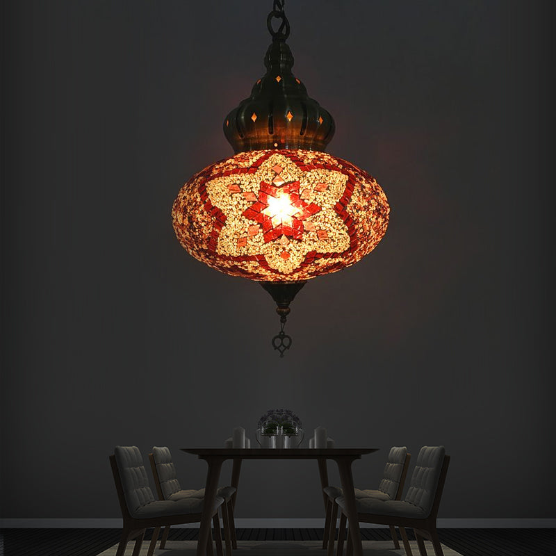 Lantern Red/Green/Gold Glass Suspension Light Retro 1/3 Heads Ceiling Pendant Light for Restaurant Red 1 Clearhalo 'Ceiling Lights' 'Glass shade' 'Glass' 'Pendant Lights' 'Pendants' Lighting' 247438